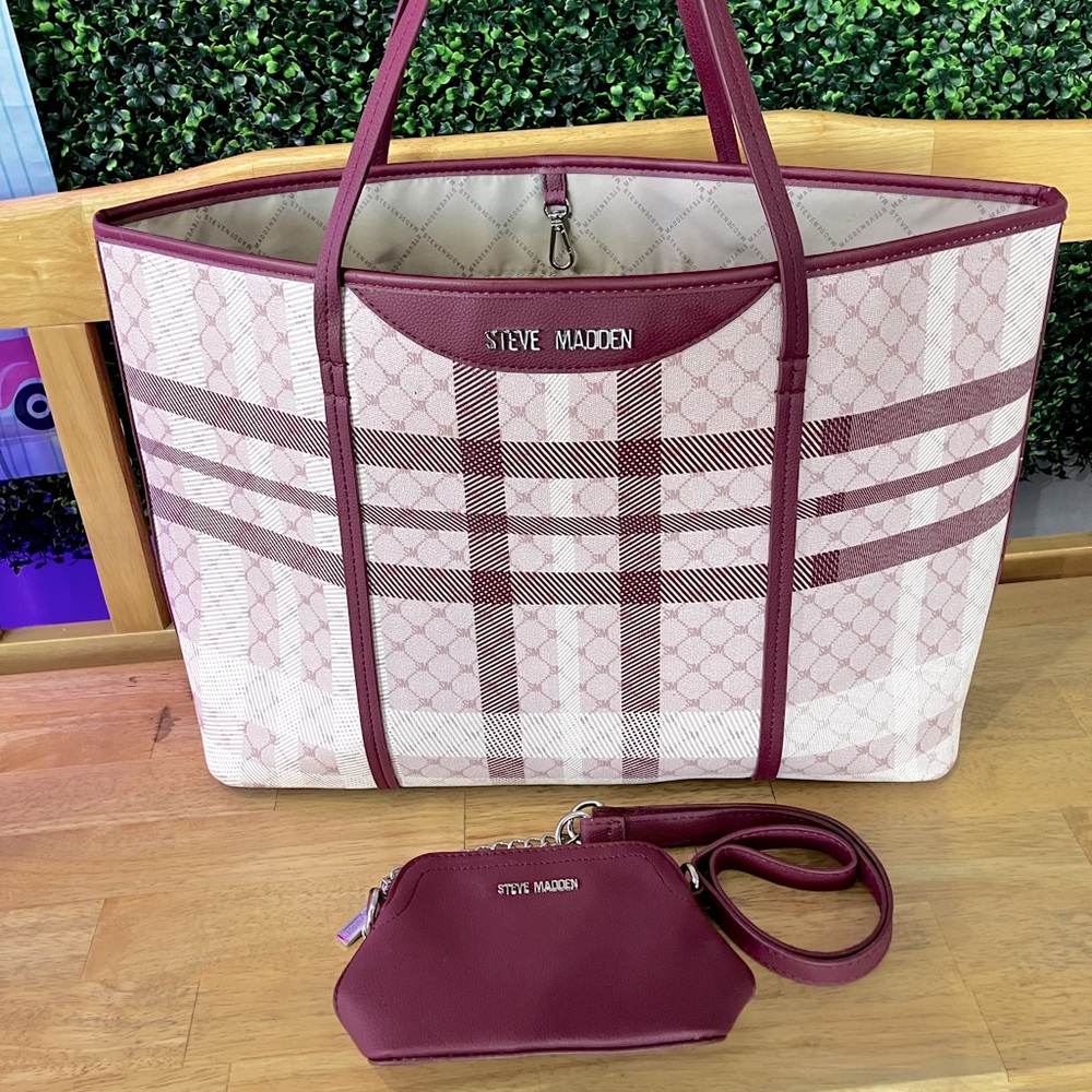 Steve Madden Burgundy and Cream Neverfull Tote Bag Set